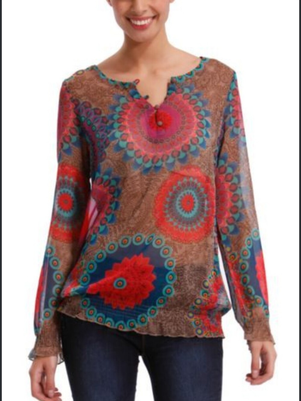 Desigual Sheet Brown Multicolor Medallion Print Long-Sleeve Blouse